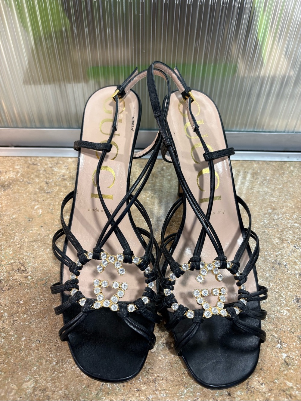 Gucci Black Crystal Logo Strappy Sandals